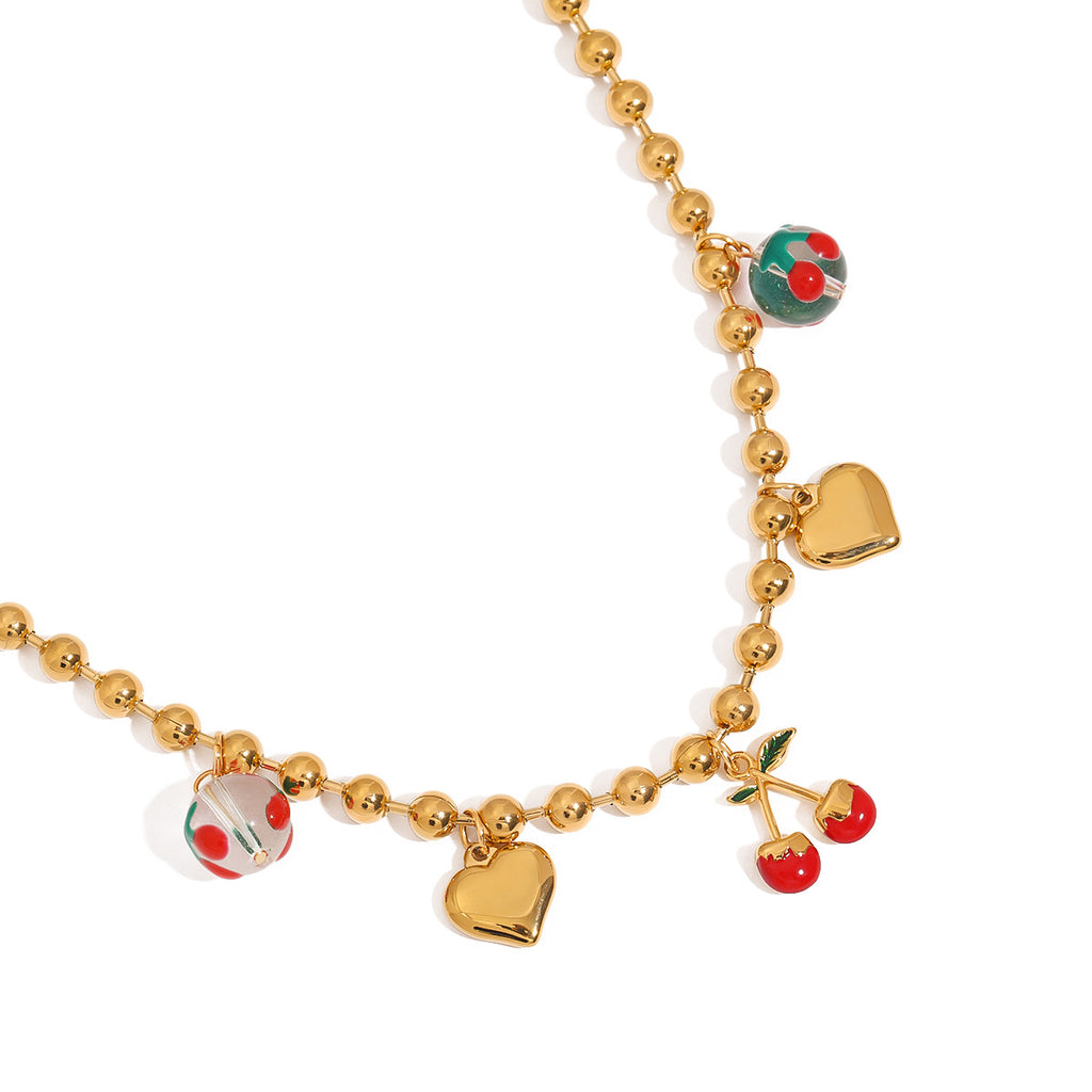 Stainless steel heart-shaped cherry pendant necklace