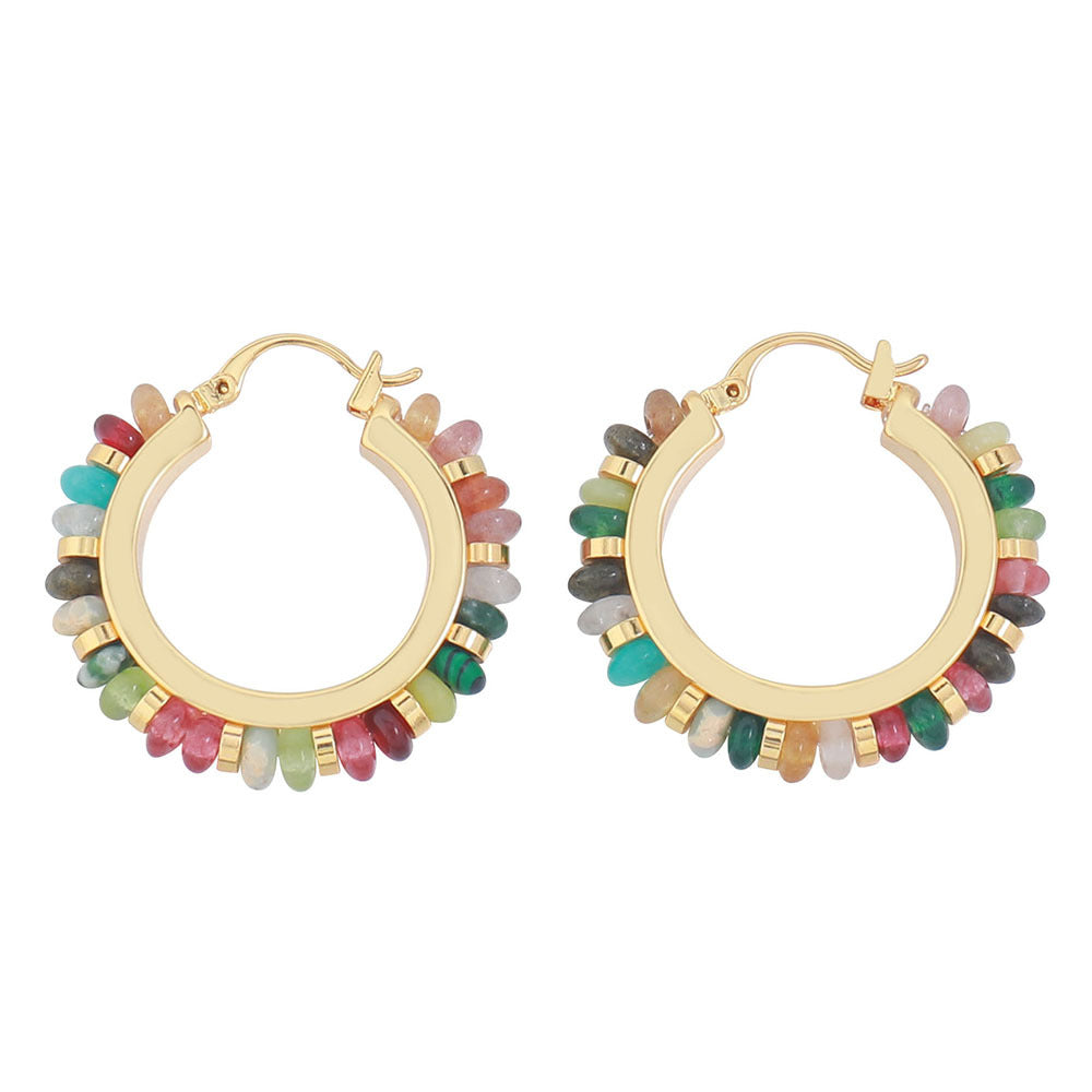 Colored circular beaded natural stone earrings