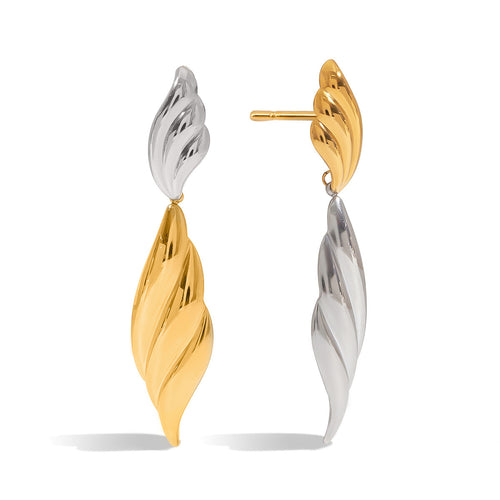 Stainless steel gold and silver color-matched leaf pendant earrings