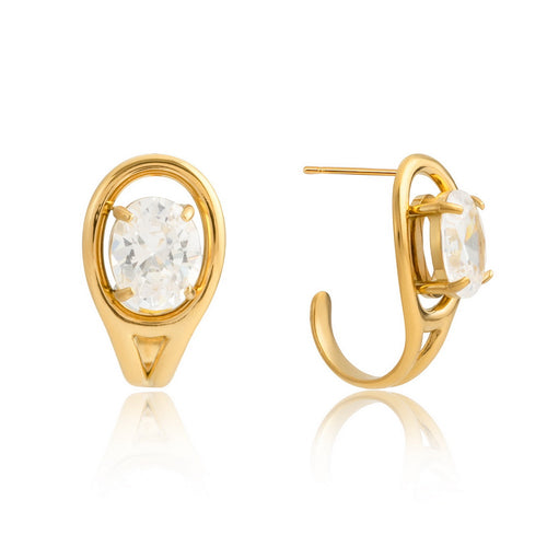 Golden stainless steel and white zircon stud earrings