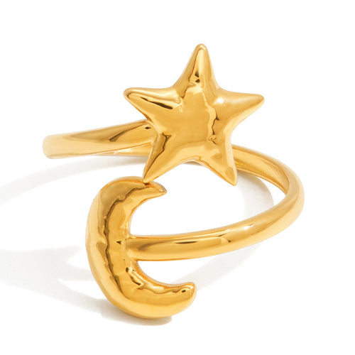 Stainless steel electroplated 18K star and moon adjustable open ring