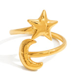 Stainless steel electroplated 18K star and moon adjustable open ring
