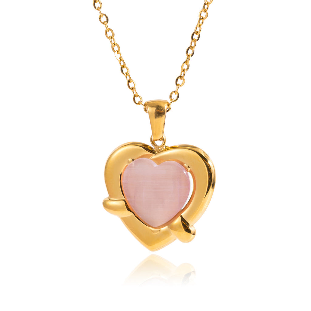 18K gold stainless steel pink cat's eye heart-shaped necklace