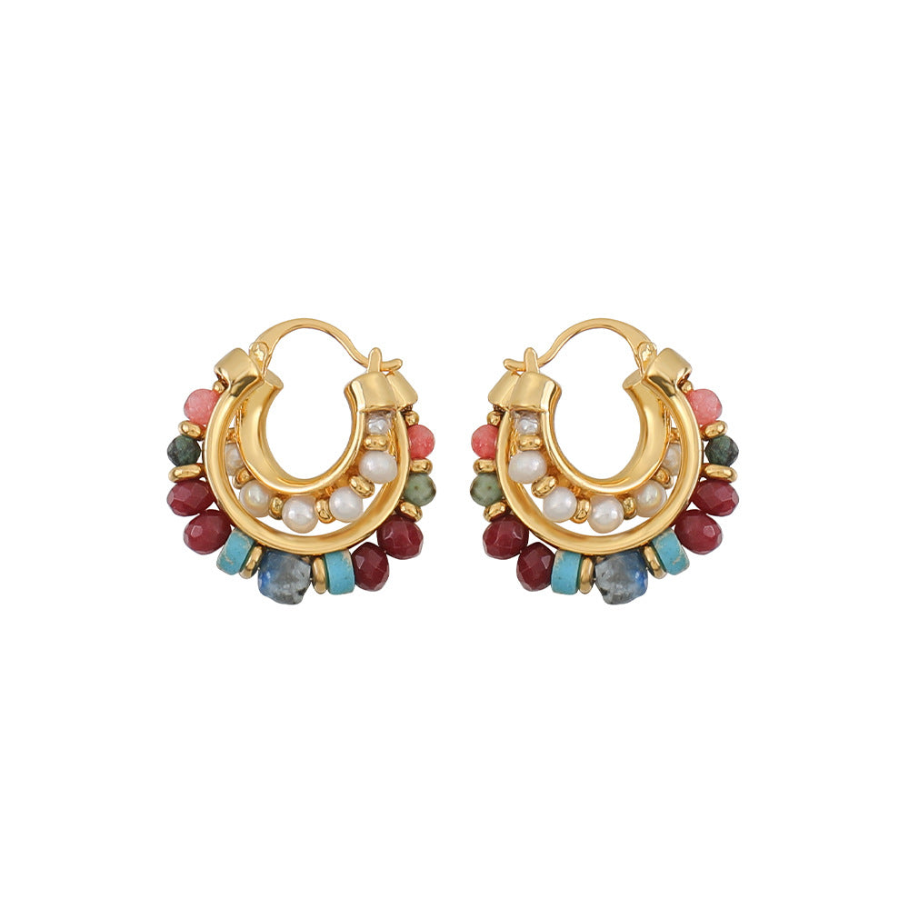 Colored frisbee beaded C-shaped earrings