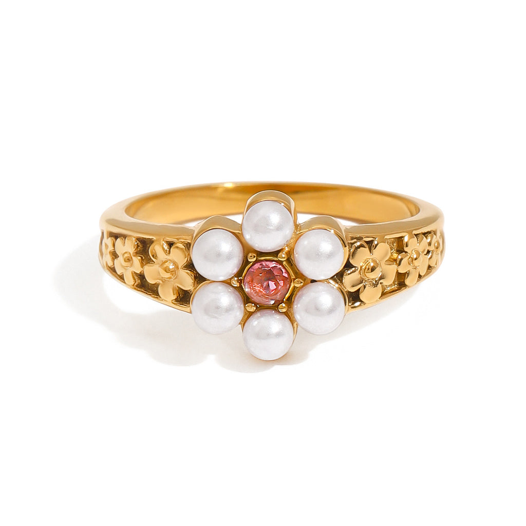 Stainless steel pearl flower ring set with zirconium