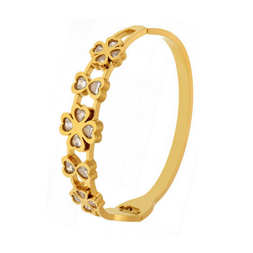 Stainless steel perforated heart-shaped four-leaf clover bracelet with zirconium inlay