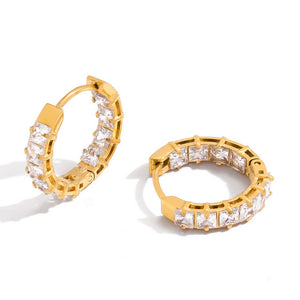 Golden stainless steel and white zircon earrings