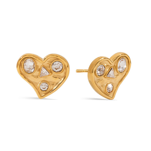 Golden stainless steel heart-shaped zirconium-set earrings