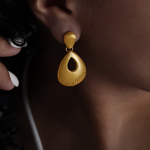 Stainless steel threaded teardrop-shaped perforated earrings