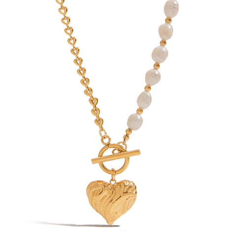 Stainless steel heart-shaped pendant, pearl chain, OT buckle necklace