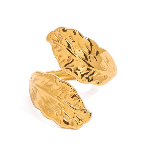 Golden stainless steel threaded leaf open ring