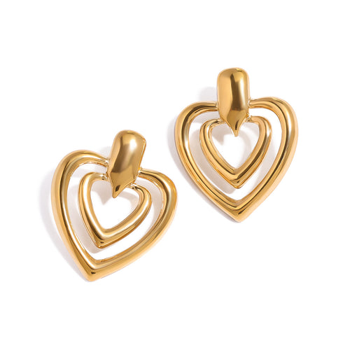 Golden stainless steel heart-shaped perforated earrings