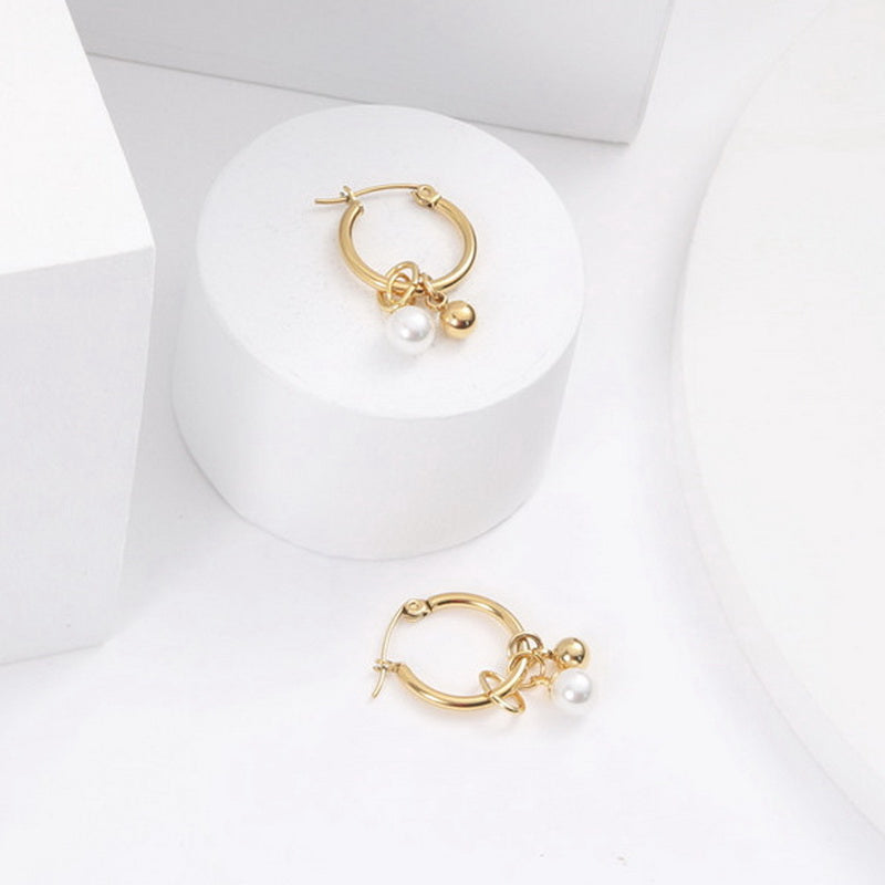 18K gold stainless steel pearl round ball pendant ear ring