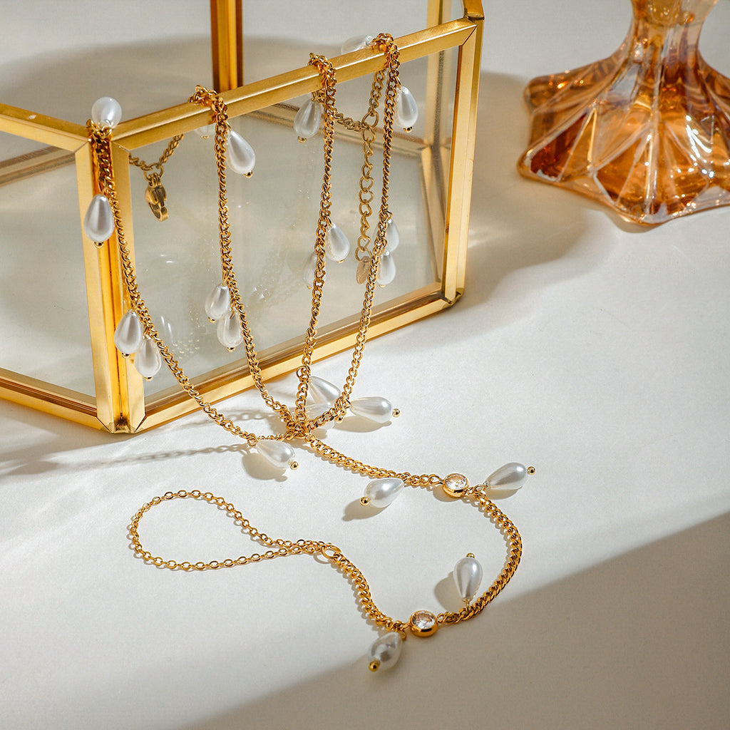 18K gold stainless steel white lily pearl zircon double toe chain