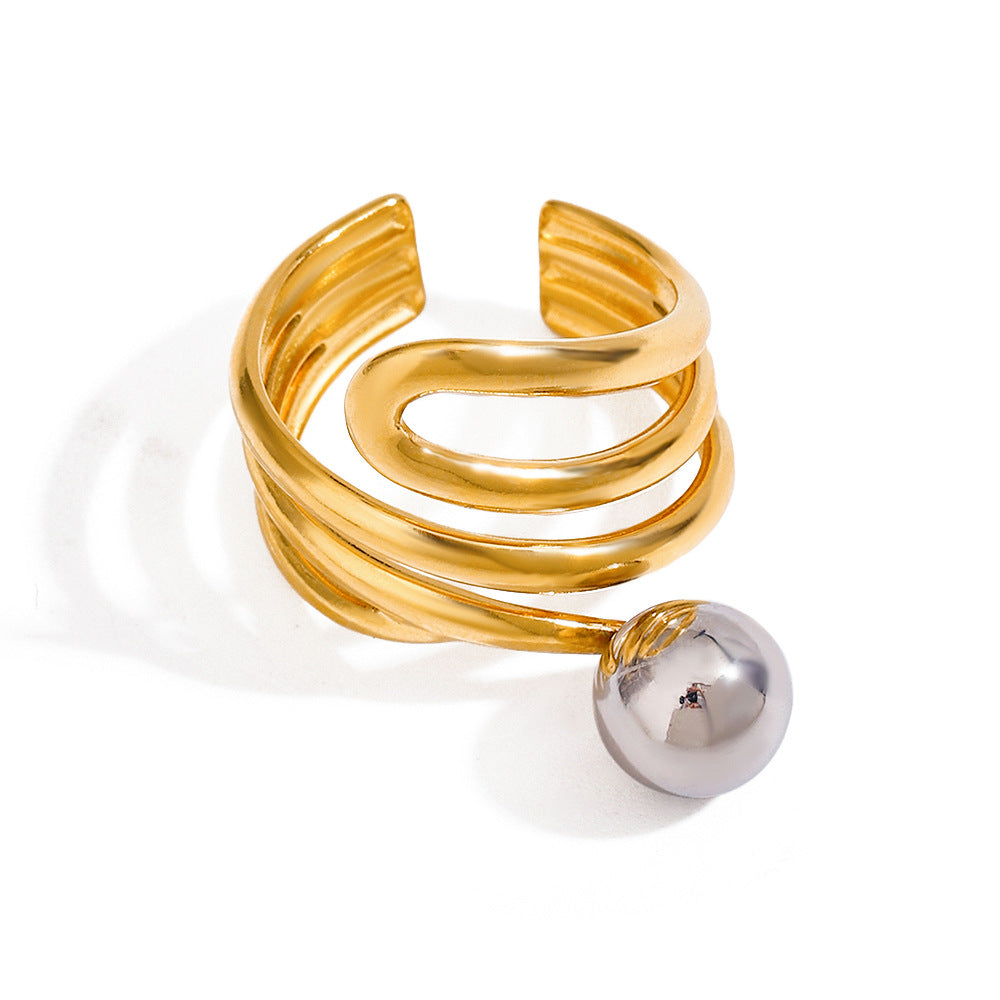 A stainless steel, gold and silver dual-color, multi-layer steel ball open ring