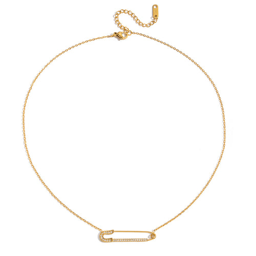 Golden stainless steel white diamond paperclip necklace