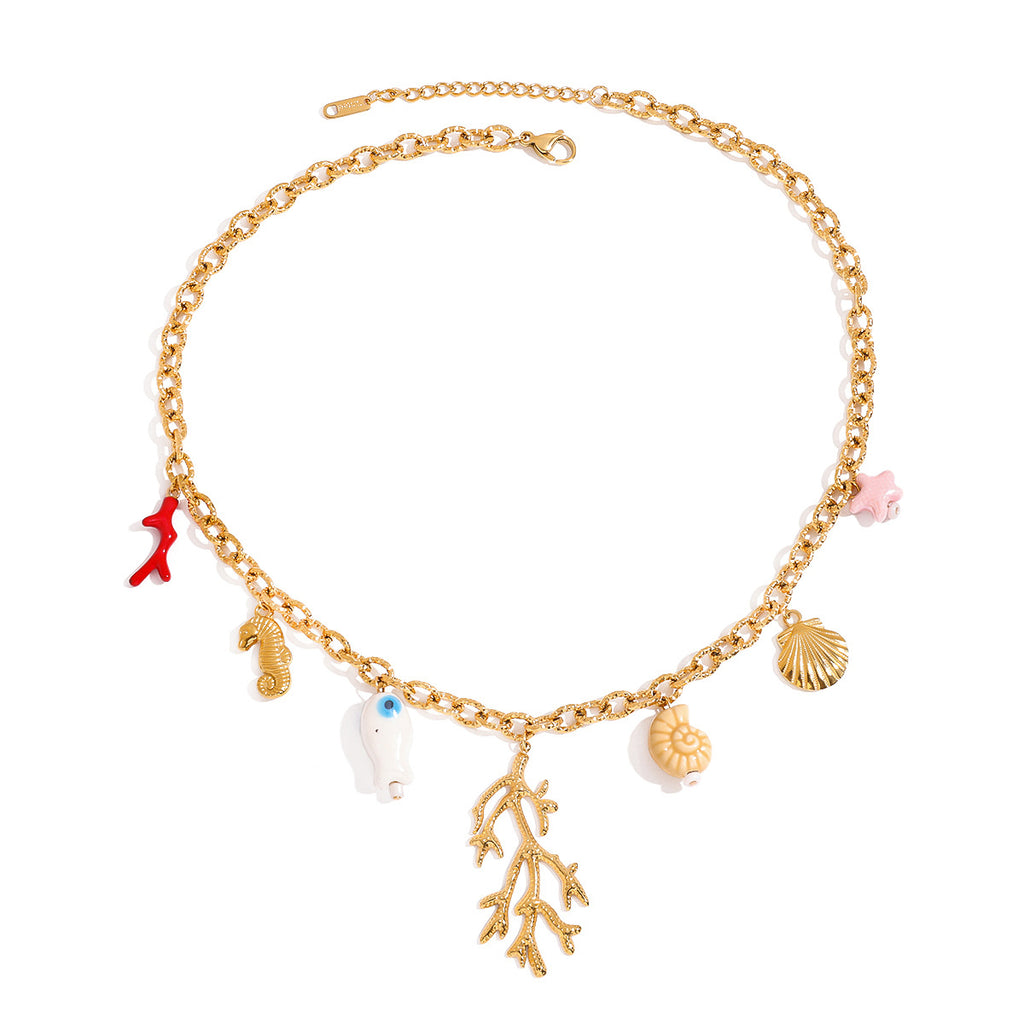 Marine beach coral shell pendant stainless steel necklace