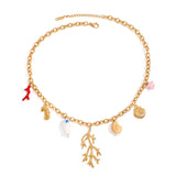 Marine beach coral shell pendant stainless steel necklace