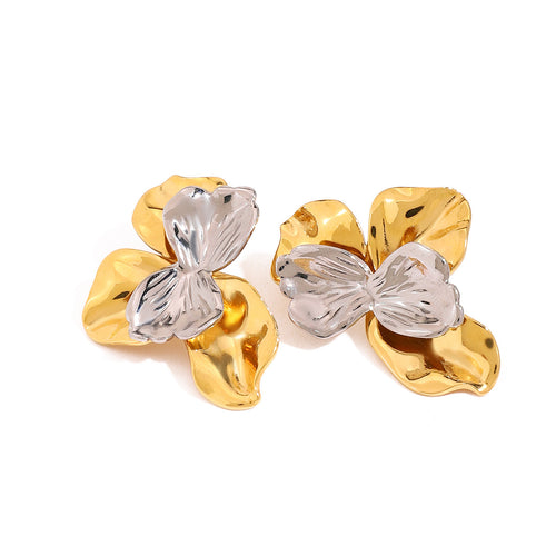 18K gold stainless steel gold and silver color-matched wavy flower earrings