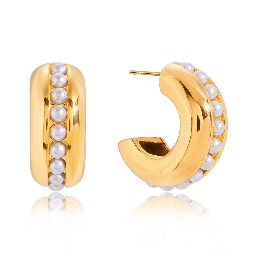 Stainless steel pearl C-shaped earrings
