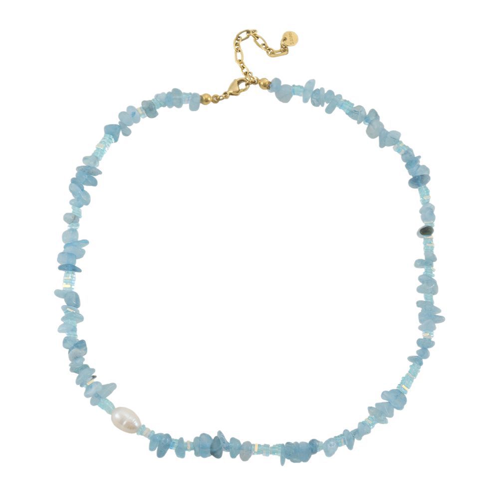 Irregular aquamarine natural stone pearl handcrafted beaded necklace