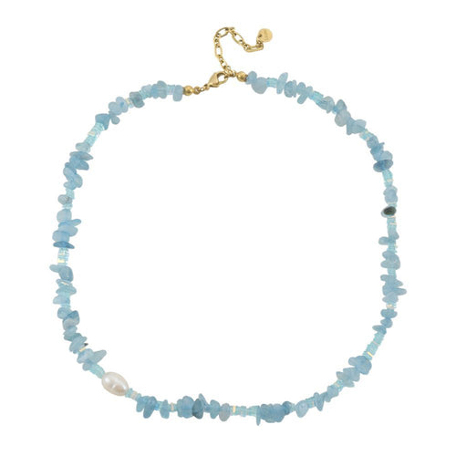 Irregular aquamarine natural stone pearl handcrafted beaded necklace
