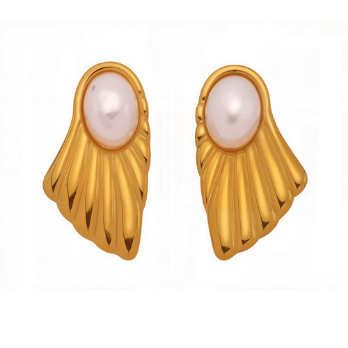 Golden stainless steel pearl earrings