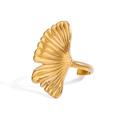 Golden stainless steel ginkgo leaf open ring