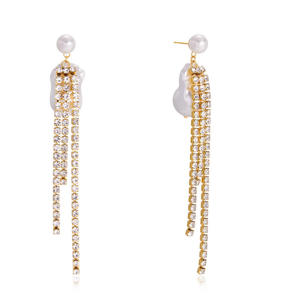 Golden stainless steel, white rhinestone tassels, Baroque pearl earrings