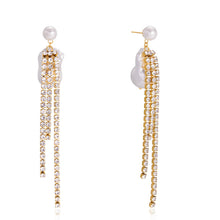 Load image into Gallery viewer, Golden stainless steel, white rhinestone tassels, Baroque pearl earrings