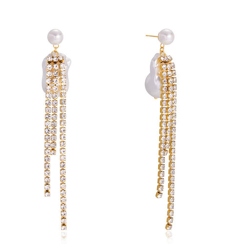 Golden stainless steel, white rhinestone tassels, Baroque pearl earrings