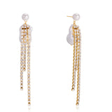 Golden stainless steel, white rhinestone tassels, Baroque pearl earrings