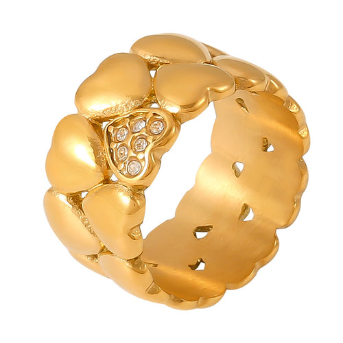 18K real gold stainless steel diamond-encrusted double-layered heart-shaped ring