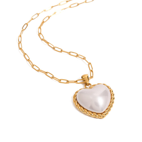 Imitation pearl heart-shaped pendant stainless steel necklace