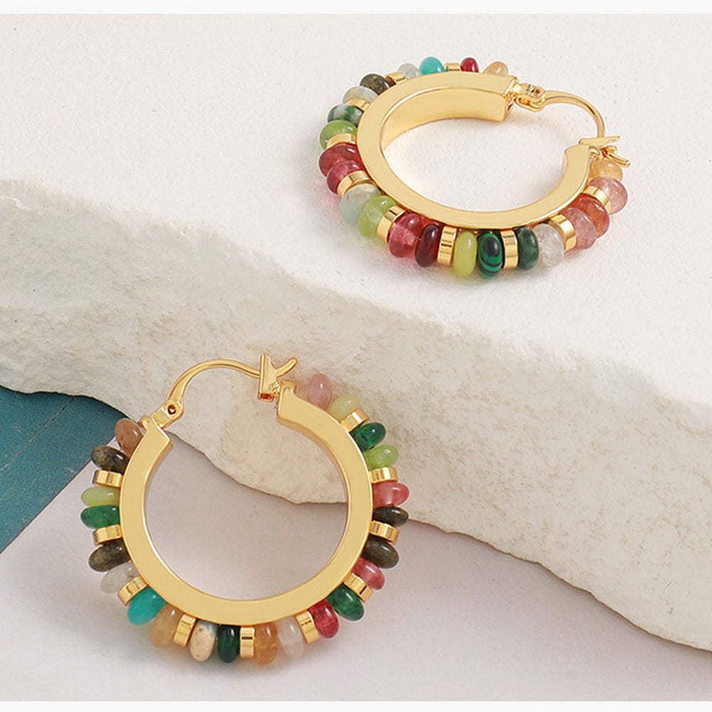 Colored circular beaded natural stone earrings
