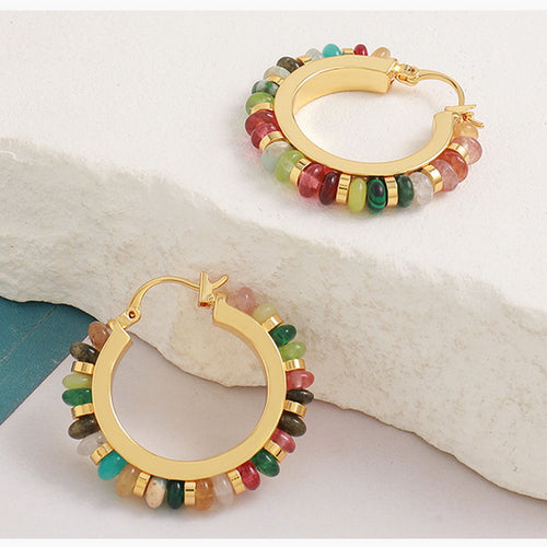 Colored circular beaded natural stone earrings