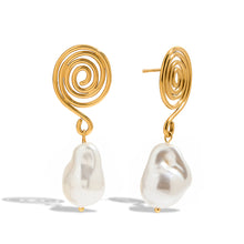 Load image into Gallery viewer, 18K gold stainless steel spiral circle imitation pearl pendant earrings