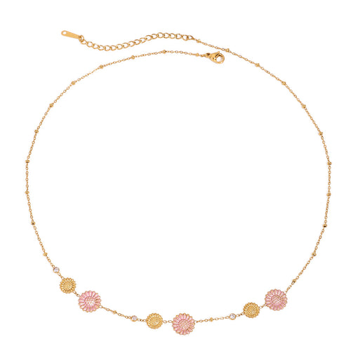 18K gold stainless steel pink Daisy necklace