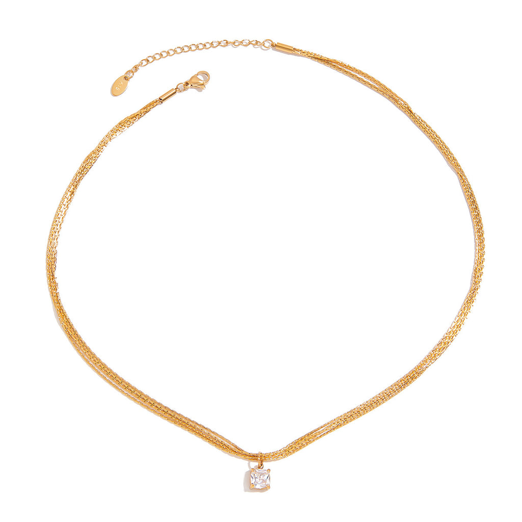Stainless steel square zircon pendant four-layer chain necklace