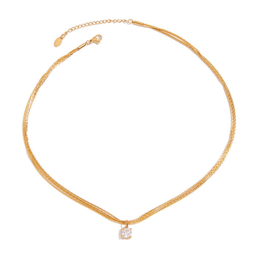 Stainless steel square zircon pendant four-layer chain necklace
