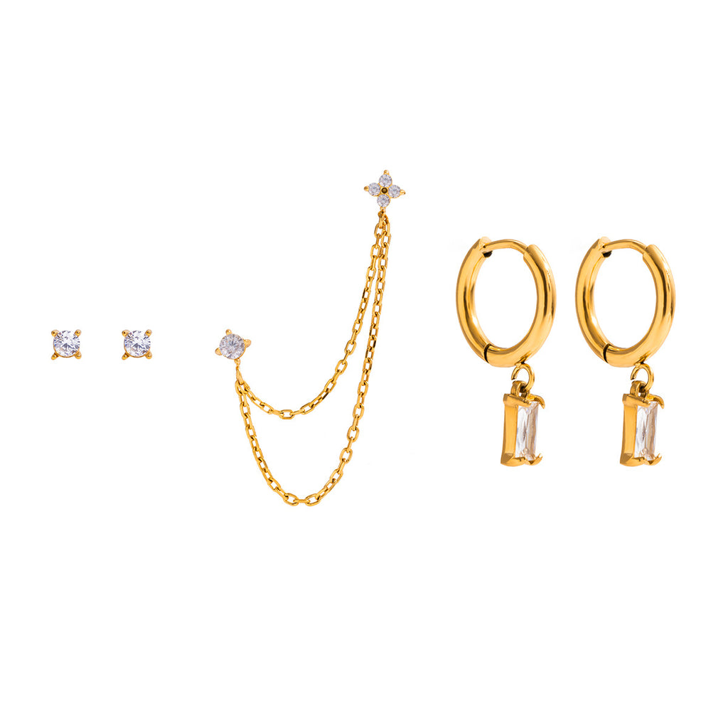 A 5-piece set of gold stainless steel zircon earrings