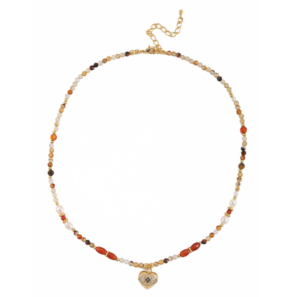 Colored natural stone beaded heart-shaped pendant necklace