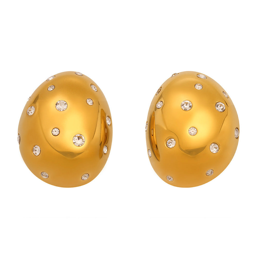 Stainless steel oval earrings with zircon smooth surface