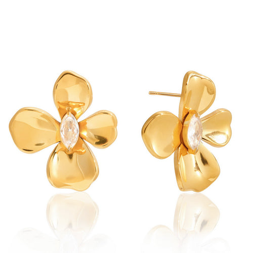 Golden stainless steel flower zircon earrings