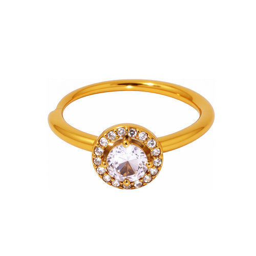 A stainless steel ring set with round white zircon