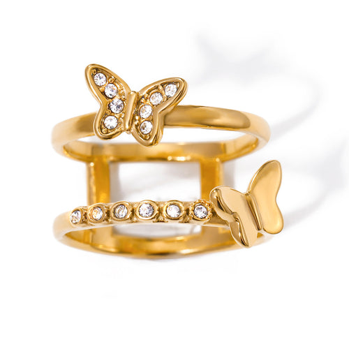 Stainless steel butterfly ring set with zirconium