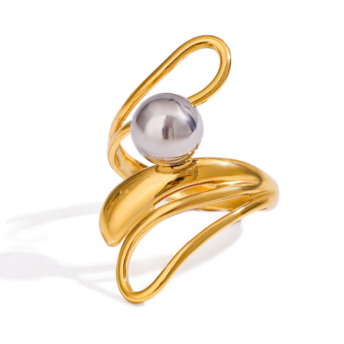 Stainless steel gold and silver color-matched irregular hollowed-out steel ball ring