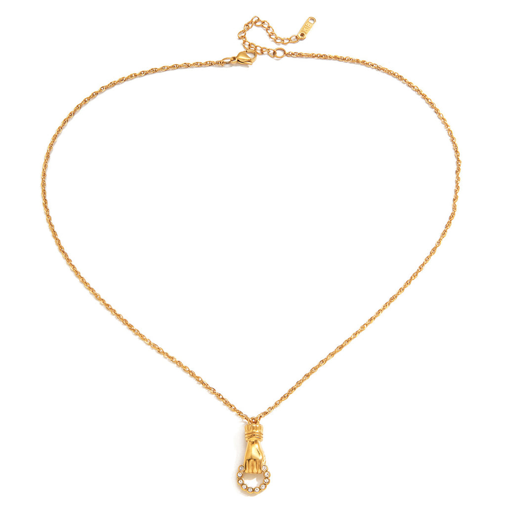 18K gold stainless steel white rhinestone Friendship hand round hollow pendant necklace