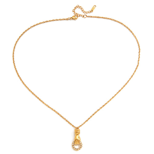 18K gold stainless steel white rhinestone Friendship hand round hollow pendant necklace