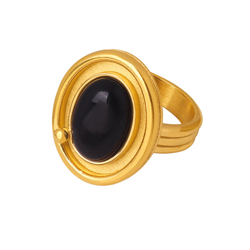 Stainless steel gold-plated natural stone black agate oval ring